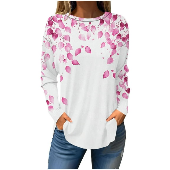 TFEOQRY Women's Floral Print Crew Neck Top Long Sleeve Pullover Casual Loose Fall Fashion Shirt Pink-1