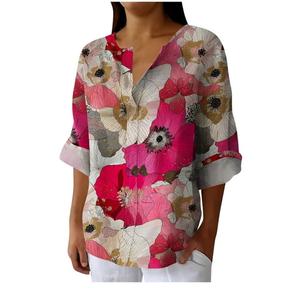 TFEOQRY Women's Floral Print Shirt Button Down Long Sleeve V Neck Top Casual Fashion Fall Blouse Hot Pink