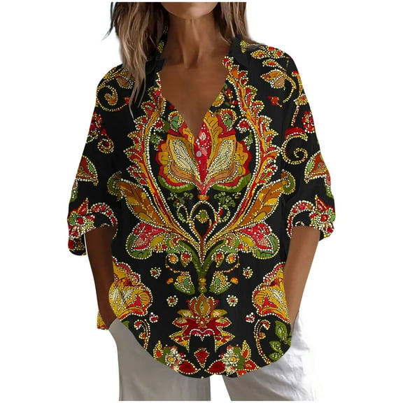 TFEOQRY Women's Floral Print Shirt Collared Button Neck Long Sleeve Casual Pullover Fashion Daily Wear Top Brown