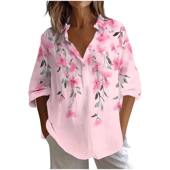 TFEOQRY Women's Floral Print Shirt Collared Button Neck Long Sleeve Casual Pullover Fashion Daily Wear Top Pink-1