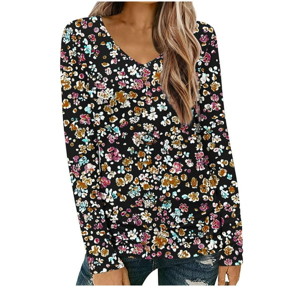 TFEOQRY Women's Floral Print T-Shirt V Neck Long Sleeve Color Block Pullover Casual Fall Winter Top Brown