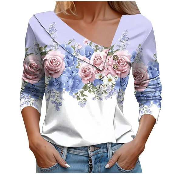 TFEOQRY Women's Floral Print Top Color Block Long Sleeve Button Decor Shirt Casual Fashion Blouse Purple