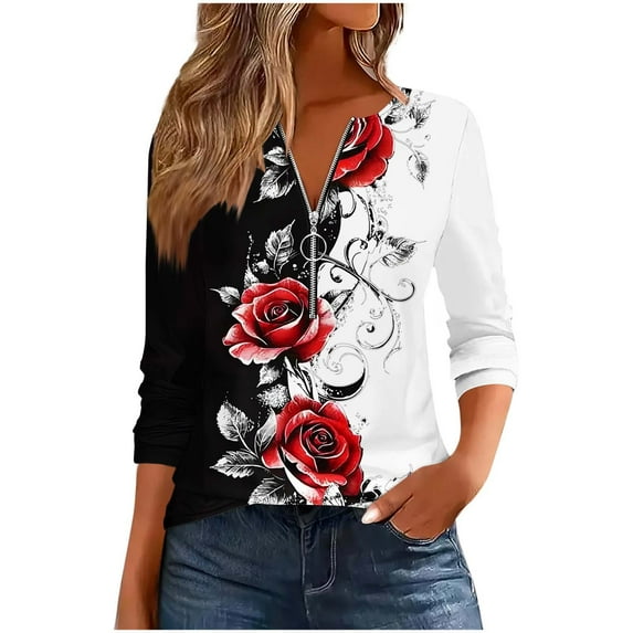 TFEOQRY Women's Floral Print Top Half Zip V Neck Colorblock Long Sleeve T Shirt Casual Fall Fashion Pullover Black