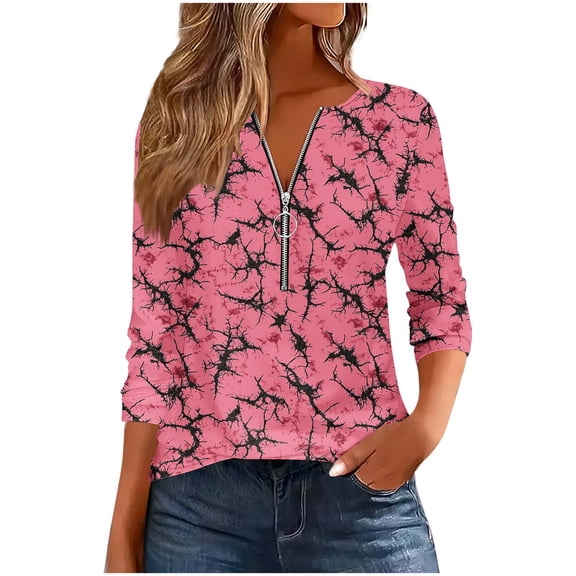TFEOQRY Women's Floral Print Top Half Zip V Neck Colorblock Long Sleeve T Shirt Casual Fall Fashion Pullover Red-1