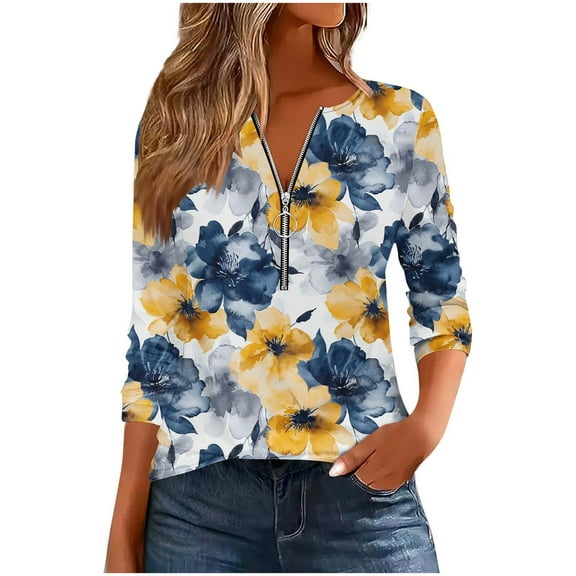 TFEOQRY Women's Floral Print Top Half Zip V Neck Colorblock Long Sleeve T Shirt Casual Fall Fashion Pullover Yellow