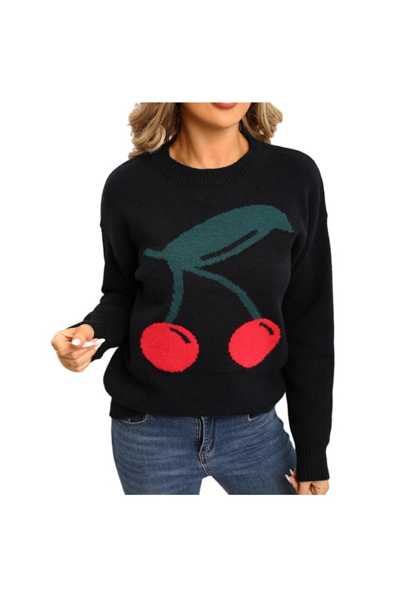 Women's Fruit Pattern Sweater Crew Neck Long Sleeve Loose Knitted Pullover Casual Fall Winter Top Black