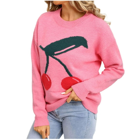 TFEOQRY Women's Fruit Pattern Sweater Crew Neck Long Sleeve Loose Knitted Pullover Casual Fall Winter Top Pink