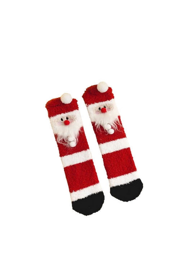Women's Girls Christmas Cute Mid-Calf Socks Stripe Santa Claus Print Thicken Coral Fleece Keep Warm Mid-Calf Socks Red