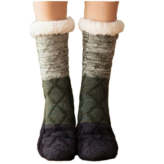 TFEOQRY Women's Girls Winter Christmas Printing Mid-Calf Socks Plush Coral Fleece Thicken Thermal Non-Slip Socks Olive Green