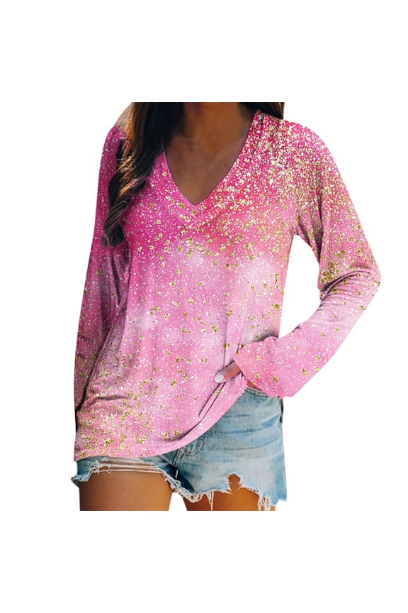Women's Glitter Star Print Top V Neck Long Sleeve Pullover Casual Loose Fall Fashion Shirt Pink-1