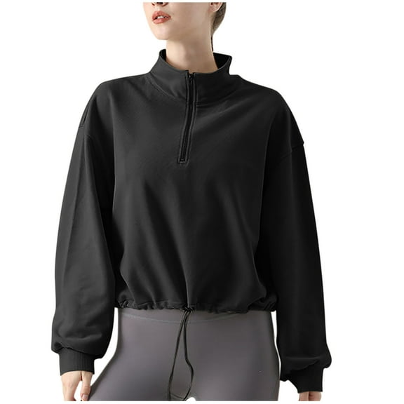 TFEOQRY Women's Half Zip Sweatshirt Stand Collar Long Sleeve Casual Pullover Drawstring Hem Workout Tops Black