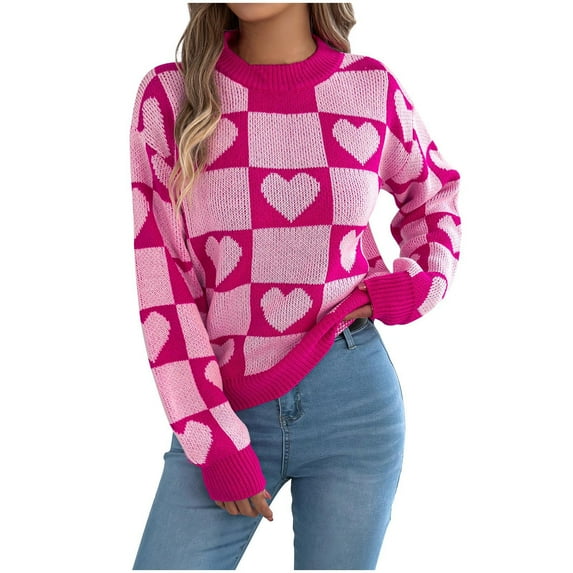 TFEOQRY Women's Heart Checkerboard Print Sweater Crew Neck Long Sleeve Loose Knit Casual Pullover Top Pink