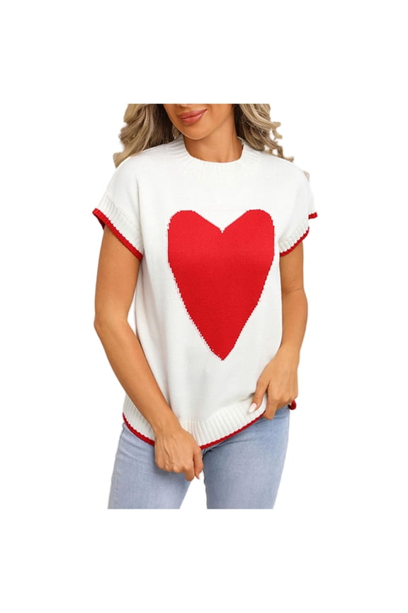 Women's Heart Pattern Sweater Crew Neck Short Sleeve Pullover Contrast Edge Loose Casual Knit Top White