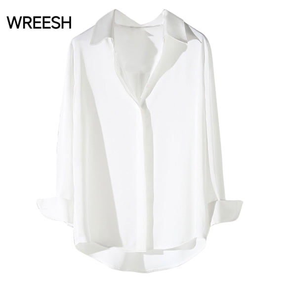 WREESH Women's Lapel Collar Satin Shirt Button Down Long Sleeve Dress Shirt Loose Casual Office Blouse Tops White
