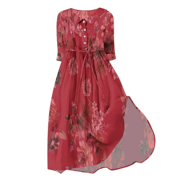 TFEOQRY Women's Large Size Dress Summer Elegant Floral Printed Fashion Leisure Three Quarter Sleeve Turndown Collar Dress