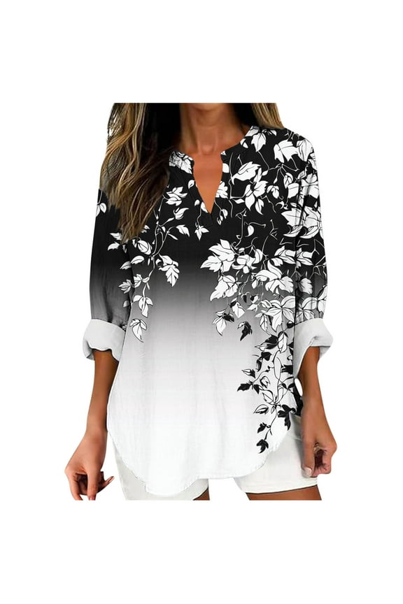 Women's Leaf Pattern Print Shirt V Neck Long Sleeve Loose Casual Top Trend Fall Blouse Black