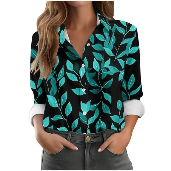 TFEOQRY Women's Leaf Print Blouse Button Down Long Sleeve Collared Top Casual Loose Shirt Office Daily Wear Green