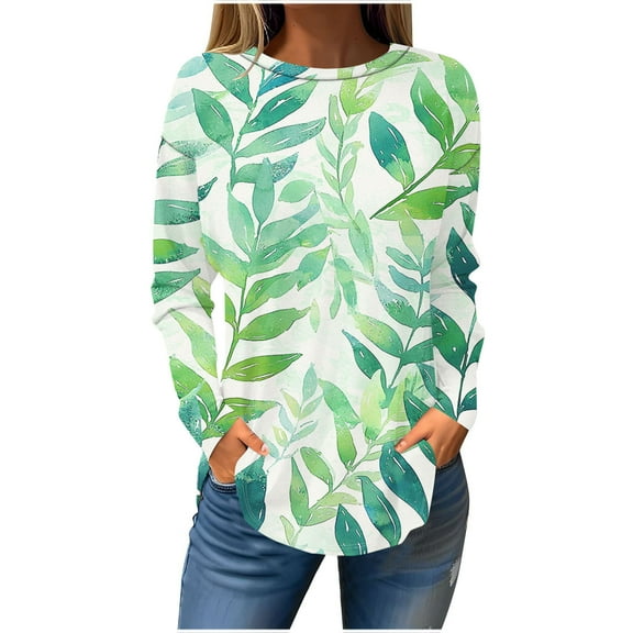TFEOQRY Women's Leaf Print Crew Neck Top Long Sleeve Pullover Casual Loose Fall Fashion Shirt Green