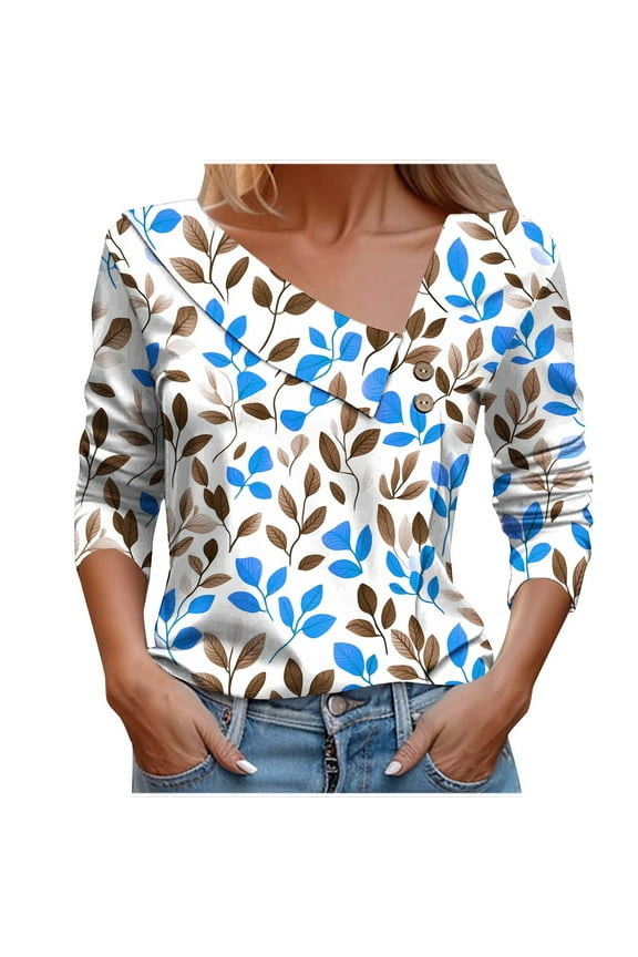 Women's Leaf Print Top Asymmetrical Neckline Button Decor Long Sleeve Pullover Casual Loose Fall Shirt Blue