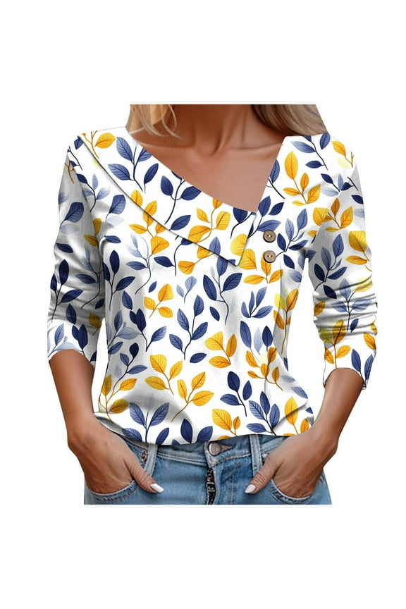 Women's Leaf Print Top Asymmetrical Neckline Button Decor Long Sleeve Pullover Casual Loose Fall Shirt Yellow
