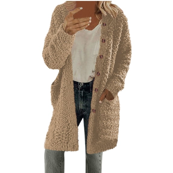 TFEOQRY Women's Long Casual Outwear Jacket Plush Solid Color Button Jacket Top with Pockets Khaki