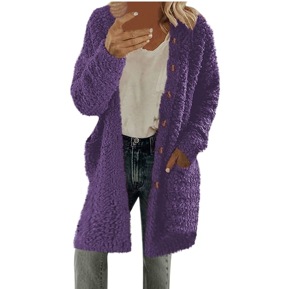 TFEOQRY Women's Long Casual Outwear Jacket Plush Solid Color Button Jacket Top with Pockets Purple