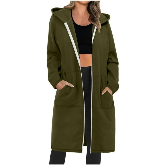 TFEOQRY Women's Long Hooded Casual Jackets Solid Color Zipper Long Sleeved Hooded Casual Loose Outwear Olive Green