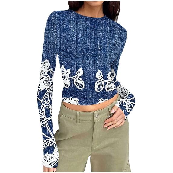 TFEOQRY Women's Long Sleeve Crop T Shirts Denim Print Round Neck Top Casual Soft Fashionable Pullover Navy