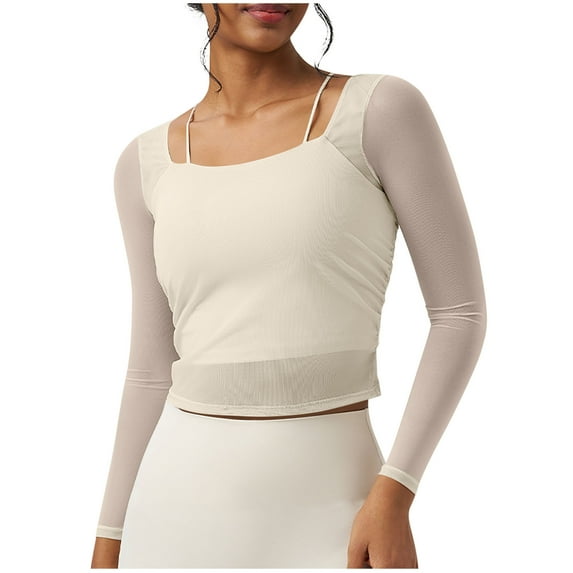TFEOQRY Women's Long Sleeve Crop Top Square Neck Layered Sheer Shirts Yoga Dance Workout Wear White