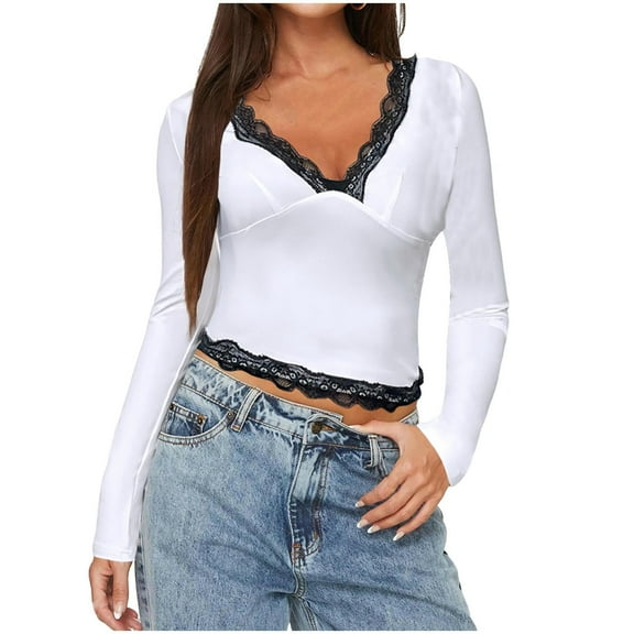 TFEOQRY Women's Long Sleeve Top V Neck Lace Edge Crop Shirt Casual Party Night Out Fashion Blouse White