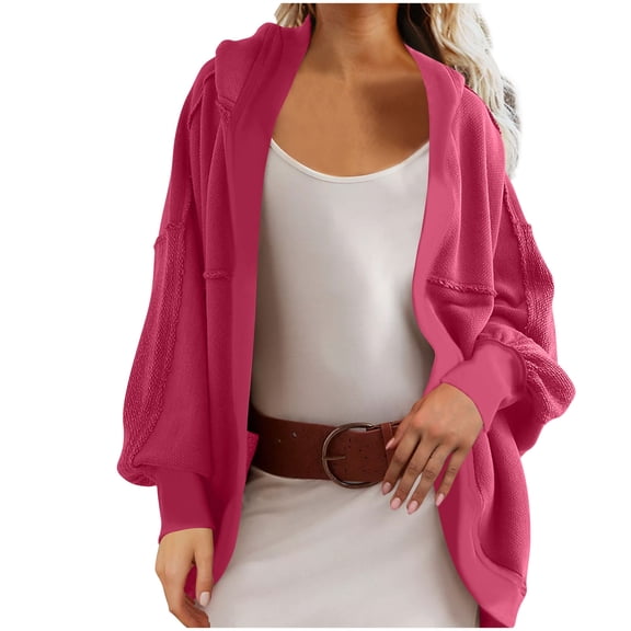 TFEOQRY Women's Loose Jacket Casual Solid Color Comfortable Outwear Long Sleeved Round Neck Top Hot Pink