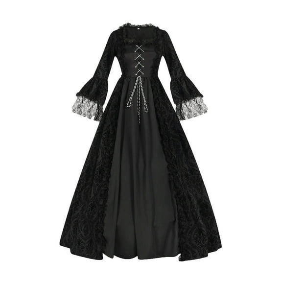 TFEOQRY Women's Medieval Queen Dress Square Neck Ball Gown Lacing Up Front Gothic Renaissance Outfit Black