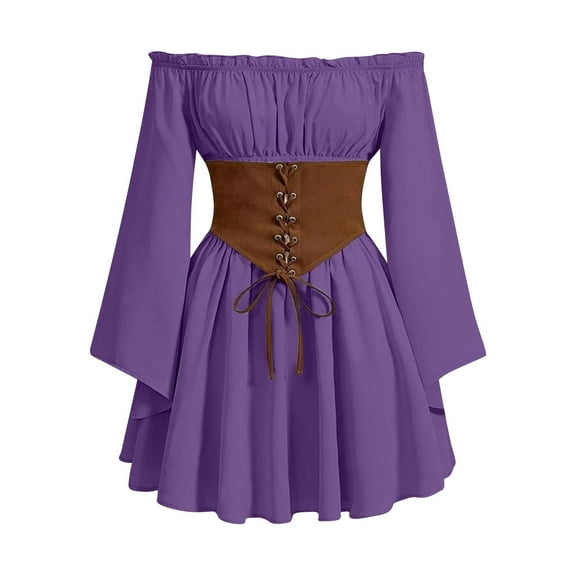 TFEOQRY Women's Medieval Renaissance Dress Off Shoulder Puff Sleeves Corset Top Party Outfit Purple