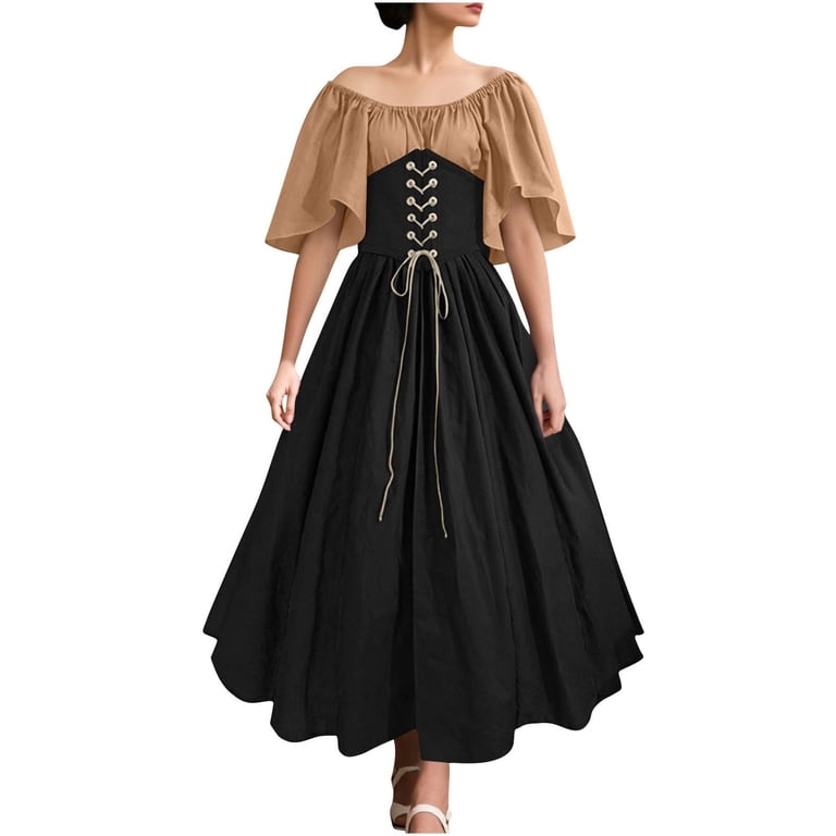TFEOQRY Women's Medieval Renaissance Dress Off Shoulder Ruffle Sleeves  Corset Top Lace Up Front Party Outfit Black - Walmart.com