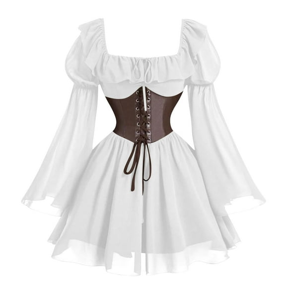 TFEOQRY Women's Medieval Renaissance Dress Square Neck Ruffled Puff Sleeves Corset Top Party Outfit White