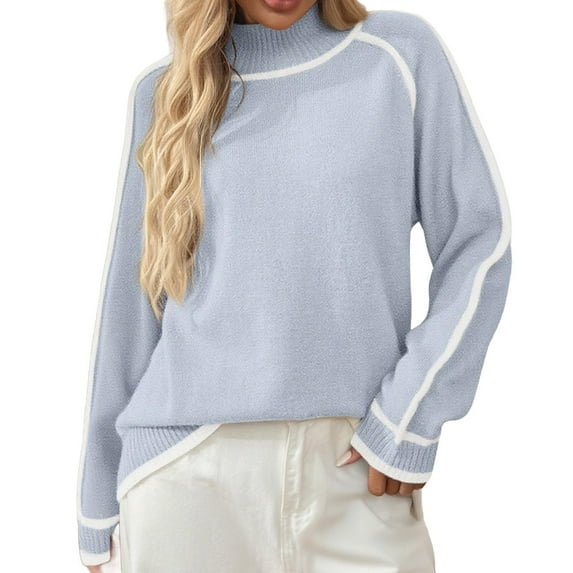 TFEOQRY Women's Mock Neck Knit Sweater Long Sleeve Casual Loose Fall Winter Fashion Pullover Top Light Blue