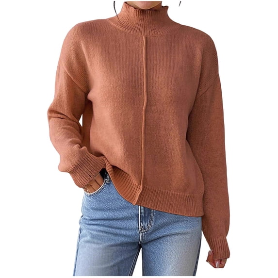TFEOQRY Women's Mock Neck Sweater Long Sleeve Loose Casual Ribbed Knit Pullover Fall Winter Top Coffee