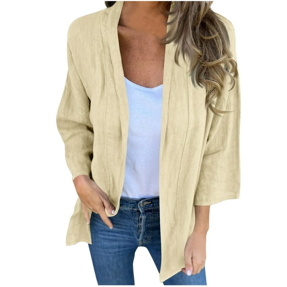 TFEOQRY Women's New Cardigan Jacket Solid Color Quarter Sleeve Jacket with A Lapel Casual Top Beige
