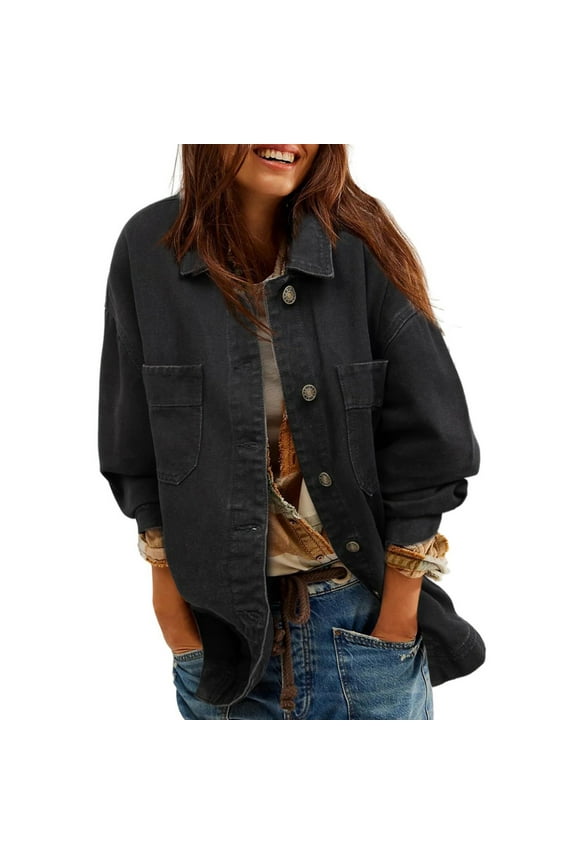 Women's New Denim Jacket Solid Color Long Sleeved Retro Button Jacket Top with Pockets Black