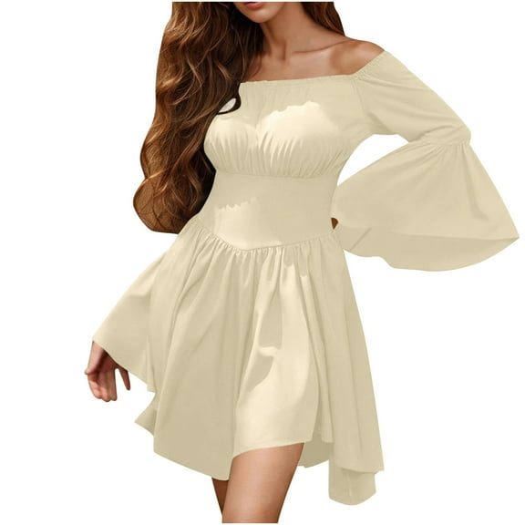 TFEOQRY Women's Off Shoulder Dress Trumpet Sleeves Renaissance Ruffle Skirt Peasant Pirate Shirt Top Outfit Beige