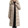 thumbnail image 1 of TFEOQRY Women's Padded Coats Parkas Long Sleeved Woolen Cotton Jacket with Pocket Zipper Medium Length Hooded Jacket Coat Khaki, 1 of 6