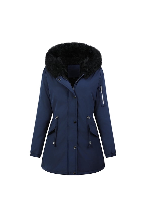 Women's Parka Coat Hooded Fleece Lined Solid Jacket Fall Winter Warm Outerwear with Pockets Blue