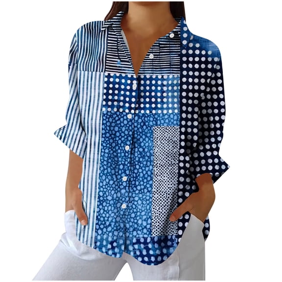 TFEOQRY Women's Patchwork Striped Print Blouse Button Down Color Block Long Sleeve Collared Top Loose Casual Shirt Blue