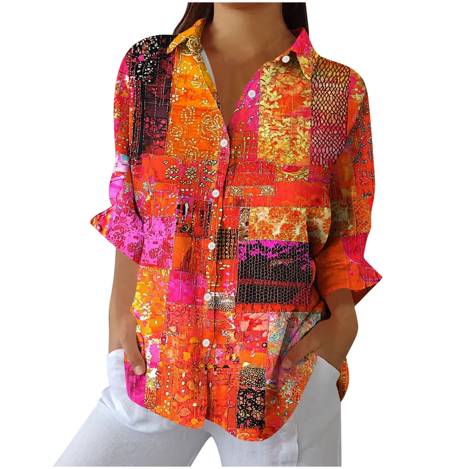 TFEOQRY Women's Pattern Print Blouse Button Down Color Block Long ...