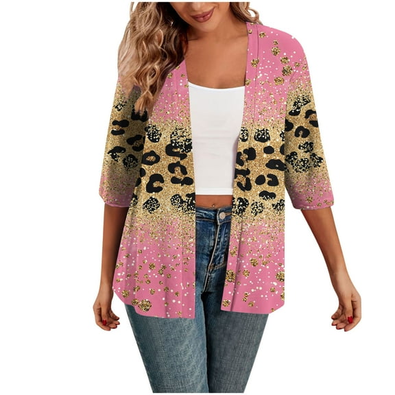 TFEOQRY Women's Pattern Print Cardigan Color Block Open Front 3/4 Sleeve Loose Lightweight Casual Tops Fall Outerwear Pink