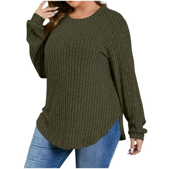 TFEOQRY Women's Plus Size Blouses Casual Solid Color Long Sleeved Round Neck Pocket Hem Slit Loose T-Shirt Top