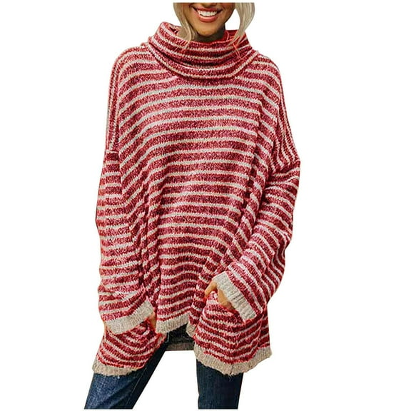 TFEOQRY Women's Pullover Sweater Casual Loose Solid Color Knitwear Long Sleeved Turtleneck Sweater Top Red