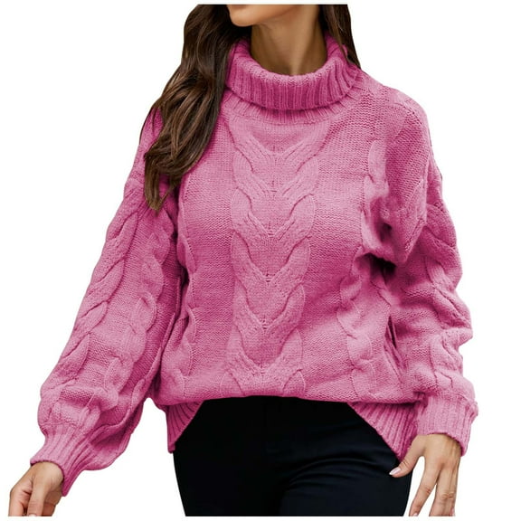 TFEOQRY Women's Pullover Sweater Fashion Solid Color Comfortable Knitwear Long Sleeved Turtleneck Sweater Top Hot Pink