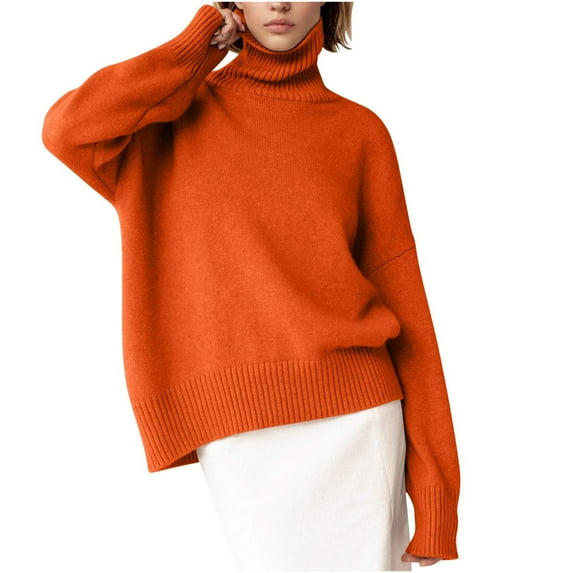 TFEOQRY Women's Pullover Sweater Fashion Solid Color Loose Knitwear Long Sleeved Turtleneck Sweater Top Orange