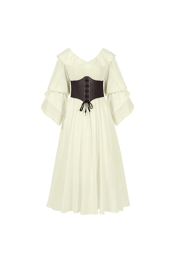 Women's Renaissance Dress Set Ruffle Corset Belted Waist Maxi Dress Medieval Outfit Beige
